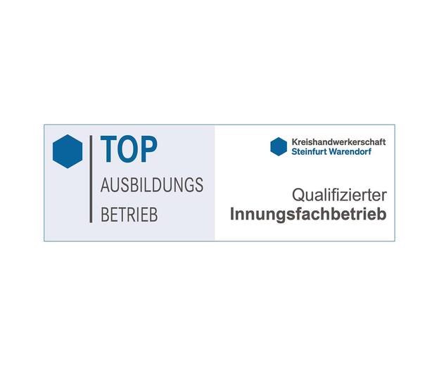 Logo der Kreishandwerkerschaft Steinfurt Warendorf mit dem Text &bdquo;TOP Ausbildungsbetrieb&ldquo; und &bdquo;qualifizierter Innungsfachbetrieb&ldquo;.