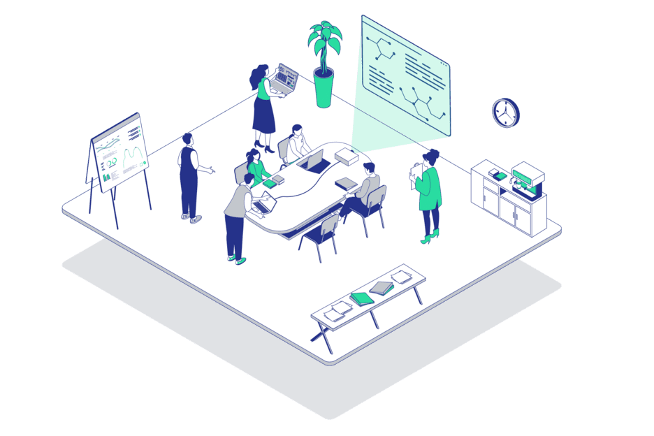 Besprechungsraum mit mehreren Personen, einem Tisch, Laptops und einer Präsentation an der Wand. Pflanzen und Uhren sind sichtbar.