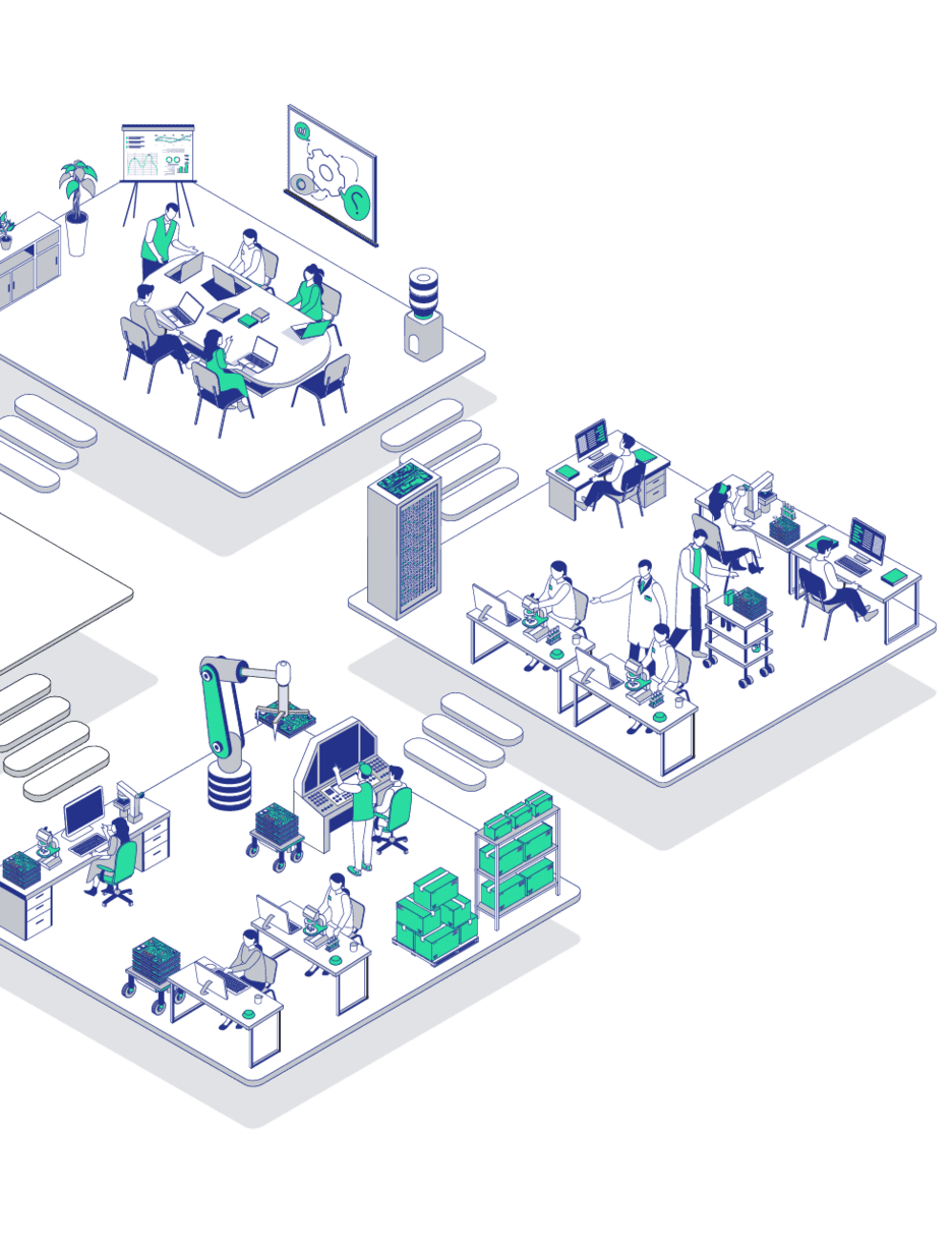 Illustration mehrerer B&uuml;ror&auml;ume mit Mitarbeitern, Computerarbeitspl&auml;tzen und einem Roboterarm beim Arbeiten.
