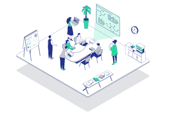 Besprechungsraum mit mehreren Personen, einem Tisch, Laptops und einer Pr&auml;sentation an der Wand. Pflanzen und Uhren sind sichtbar.