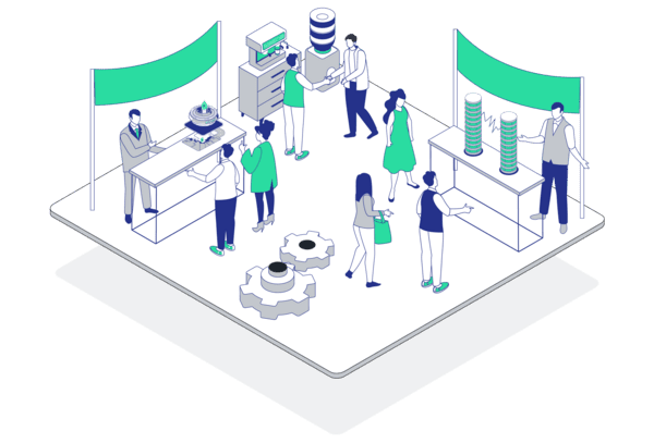 Illustration eines Messestandes mit mehreren Personen, Tischen, Produkten und Informationsst&auml;nden in einem modernen Design.