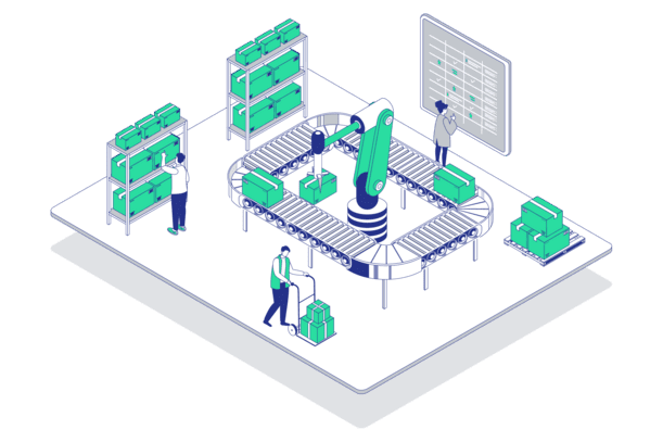 Illustration einer automatisierten Lagerhalle mit Robotern, Regalen und Mitarbeitern, die Pakete verwalten.