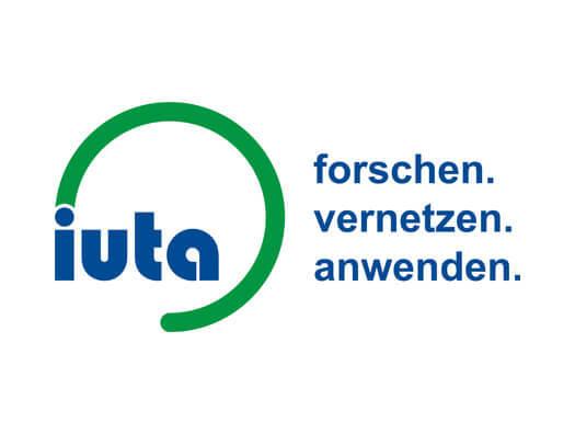 Logo des IUTA mit dem Slogan &bdquo;forschen. vernetzen. anwenden.&ldquo; in Blau und Gr&uuml;n auf wei&szlig;em Hintergrund.